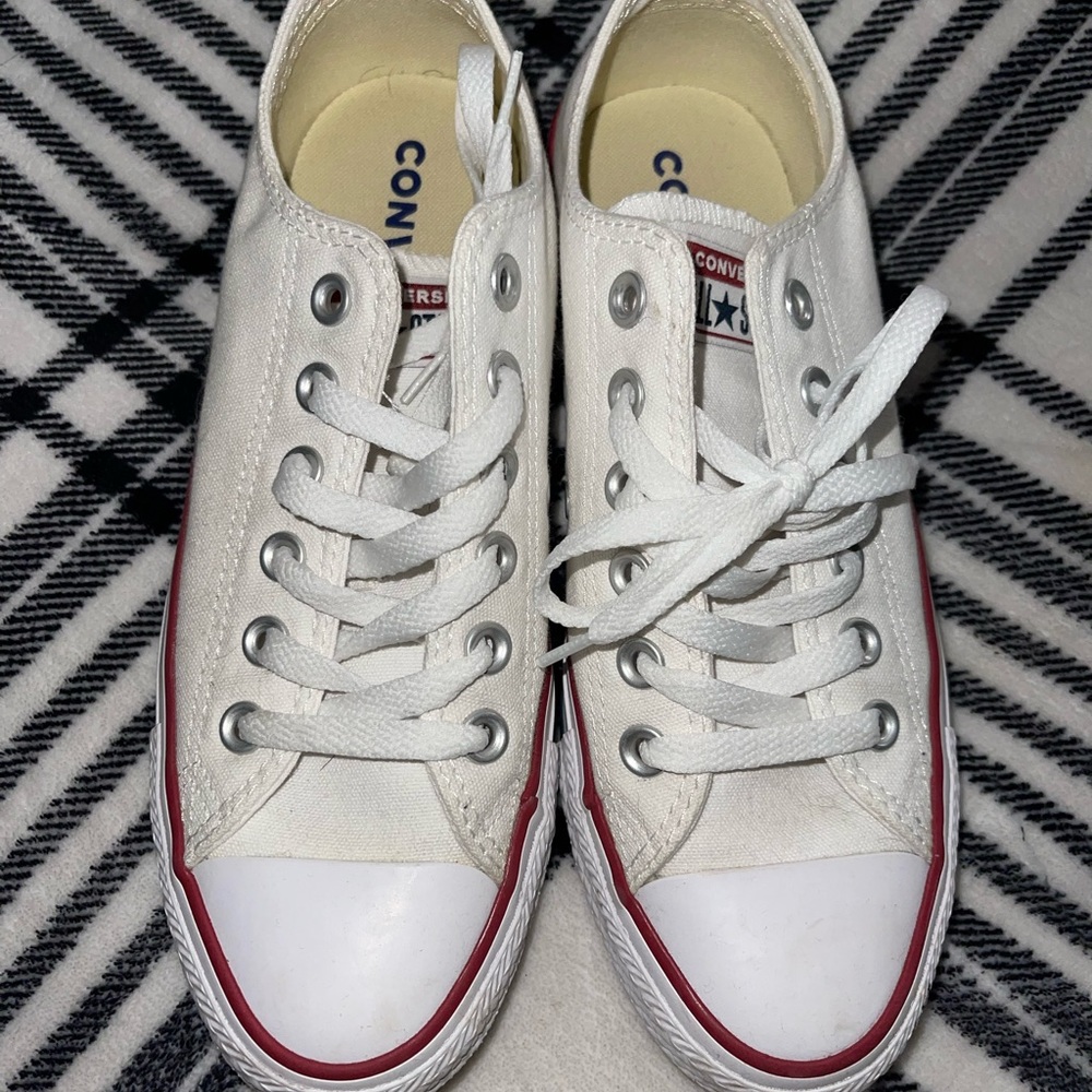 Converse white blue and red.